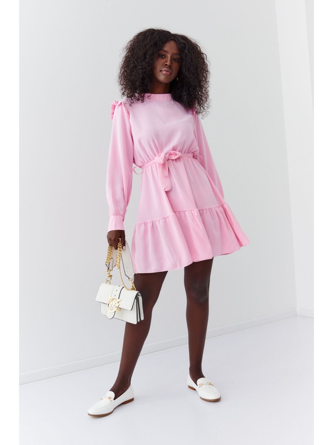 Smooth dress with a stand-up collar, pink 17576 - Online store - Boutique